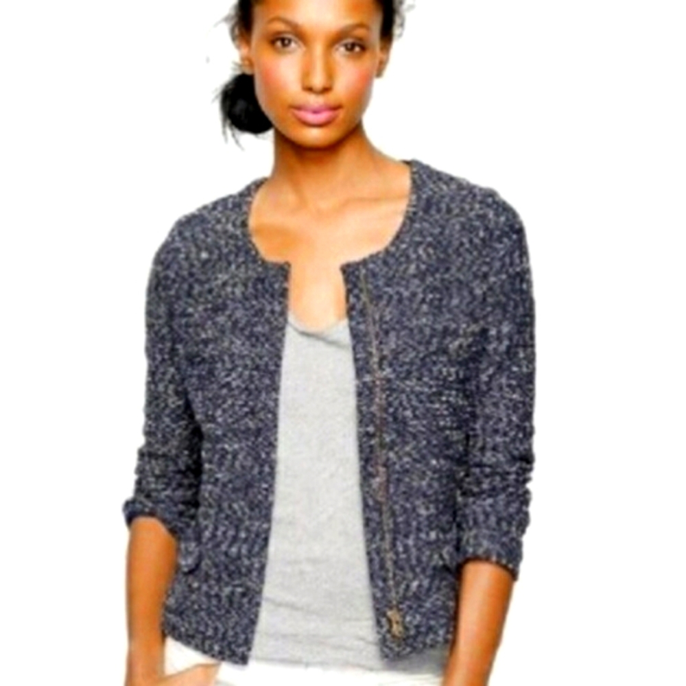 J. Crew S Micro Tweed Blazer Jacket Full Zip Small Navy Blue